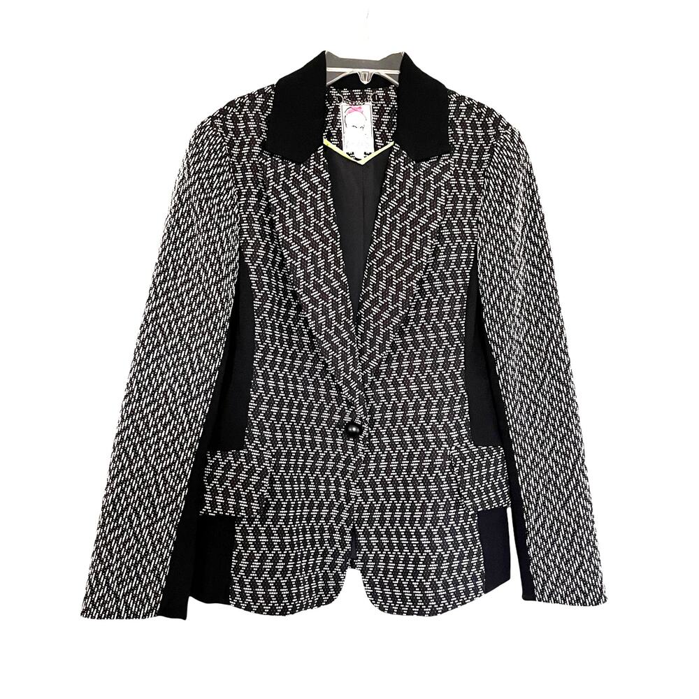 Yoana Baraschi Black White Geometric Pattern One Button Blazer Jacket Size 10